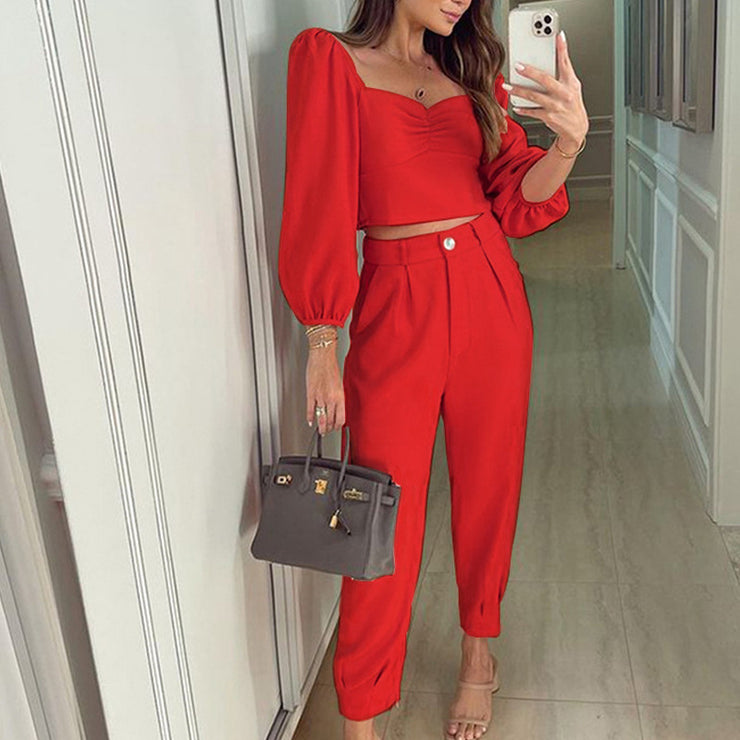 Fashion Matching Suit Temperament Pure Color Square Collar Long Sleeve Top High Waist Ankle-tied Trousers Two-piece Set