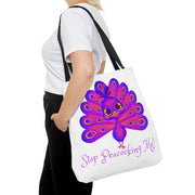 Stop Peacocking Me purple white Tote Bag