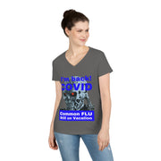 I'm back! COVID Common Flu still on Vacation Blue ladies' V-Neck T-Shirt