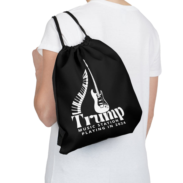 Trump Music Station Playing in 2024 Outdoor Drawstring Bag black