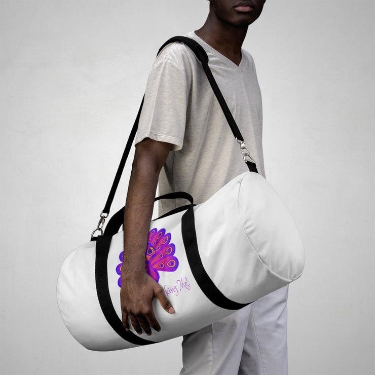 Stop peacocking me purple/white duffel bag