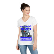 I'm back! COVID Common Flu still on Vacation Blue ladies' V-Neck T-Shirt