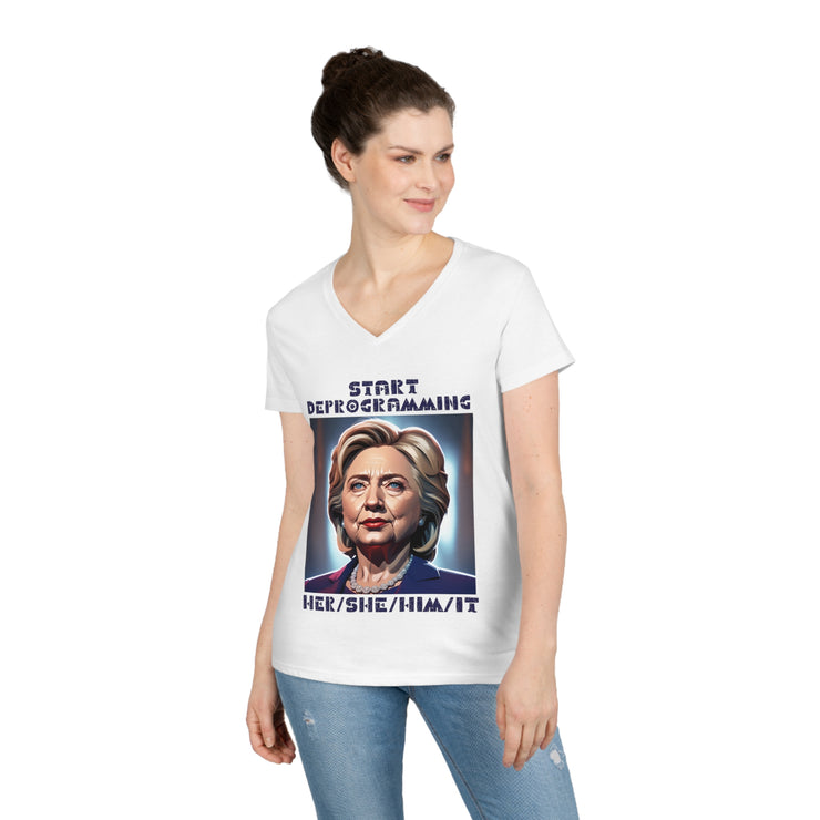 Start Deprogramming her she him it V-neck Women&