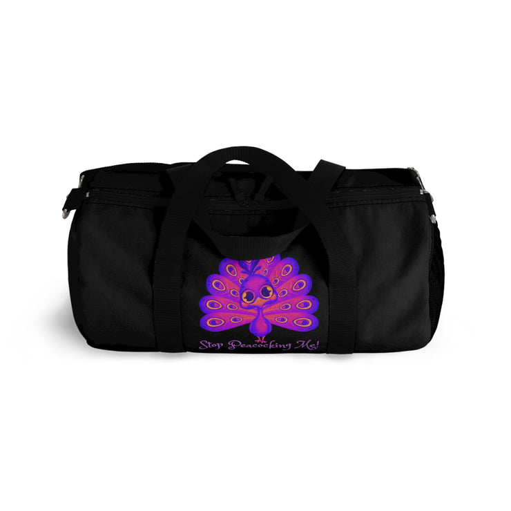 Stop peacocking me purple/black duffel bag