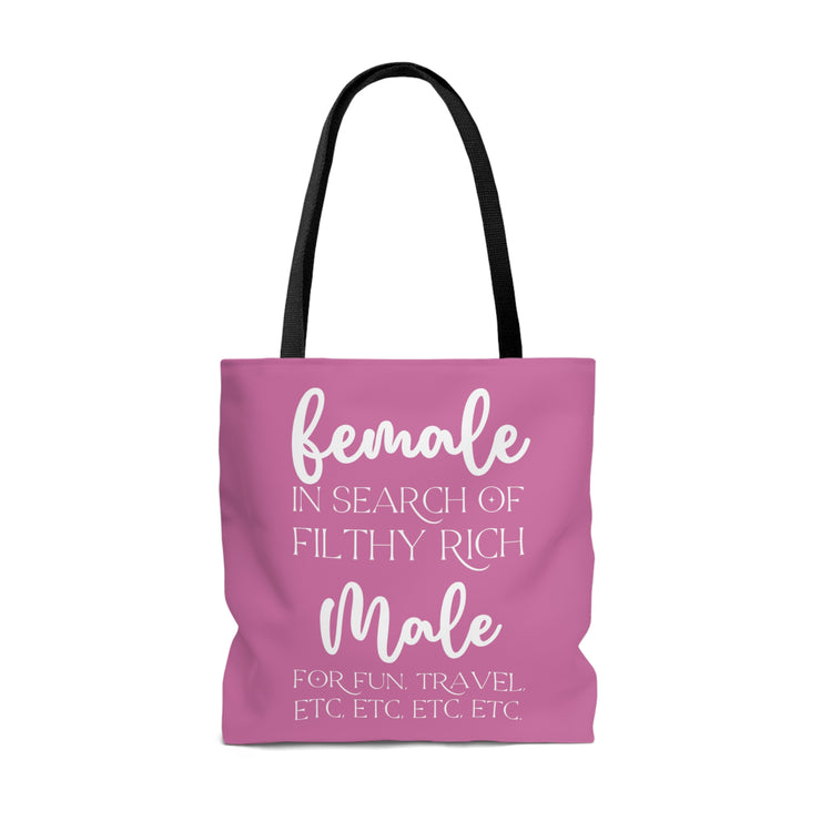 Female in search of filthy rich Male Tote Bag (AOP) pink