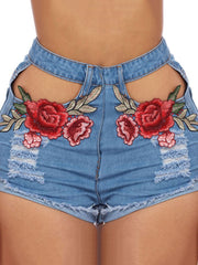 Embroidered floral stitching curled denim shorts