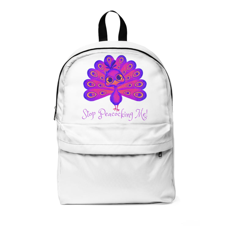 Stop Peacocking Me! purple white unisex Classic Backpack