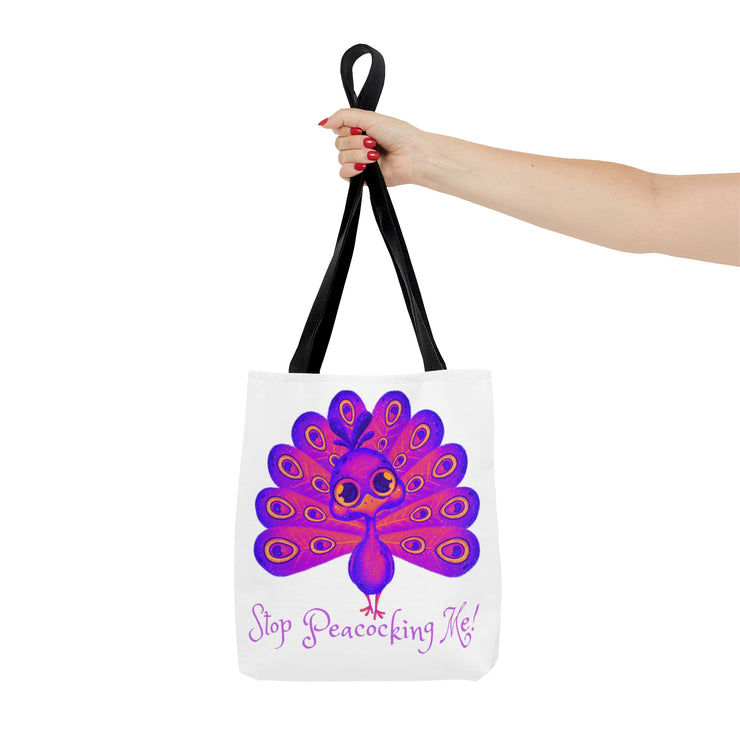 Stop Peacocking Me purple white Tote Bag