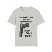 Gun safety is a lifelong commitment Point guns down Unisex Softstyle T-Shirt