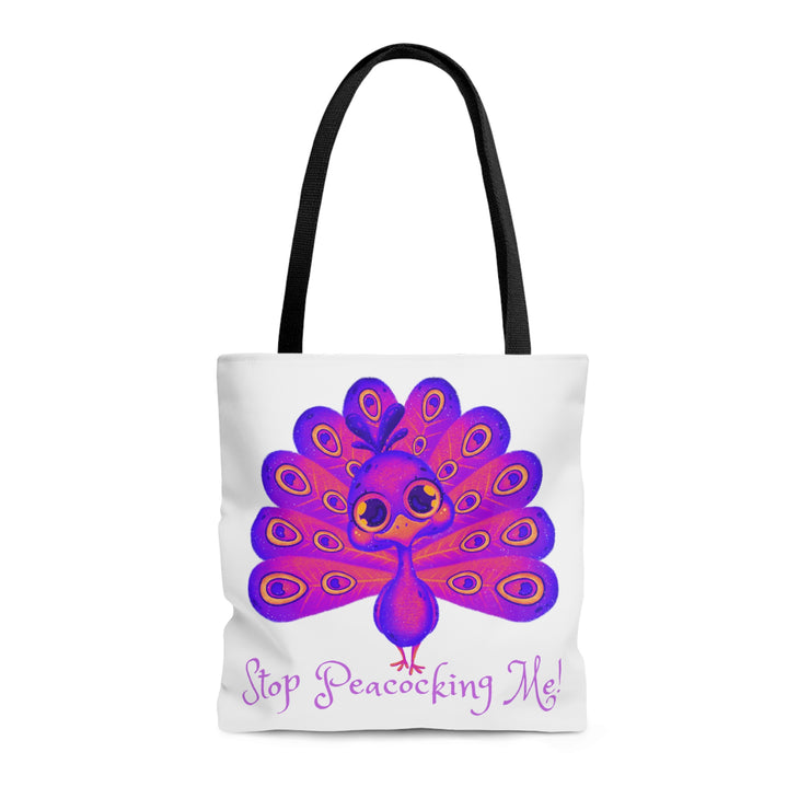 Stop Peacocking Me purple white Tote Bag