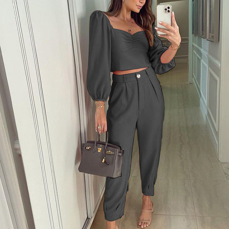 Fashion Matching Suit Temperament Pure Color Square Collar Long Sleeve Top High Waist Ankle-tied Trousers Two-piece Set