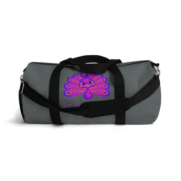 Stop peacocking me purple/grey duffel bag