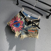 Embroidered Planet Shorts High-waisted Straight Denim Wide-leg Holes