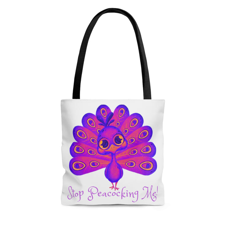 Stop Peacocking Me purple white Tote Bag