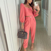 Fashion Matching Suit Temperament Pure Color Square Collar Long Sleeve Top High Waist Ankle-tied Trousers Two-piece Set