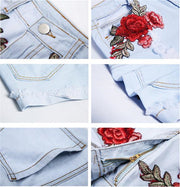 Embroidered floral stitching curled denim shorts