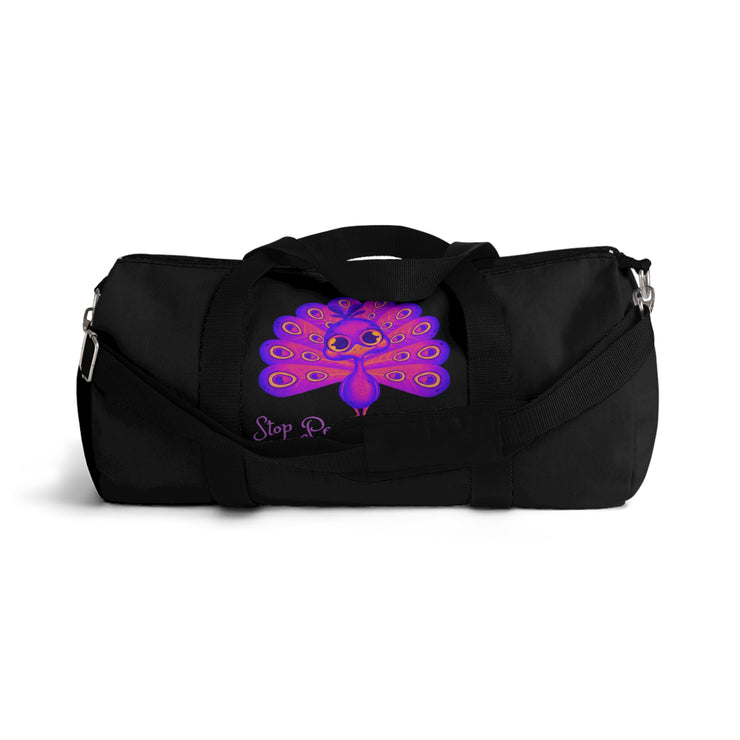 Stop peacocking me purple/black duffel bag