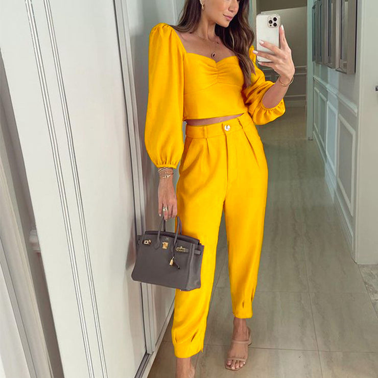 Fashion Matching Suit Temperament Pure Color Square Collar Long Sleeve Top High Waist Ankle-tied Trousers Two-piece Set