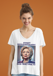 Start Deprogramming her she him it V-neck Women's tee