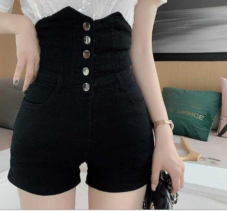 High Waist Slim Black Casual All-match Denim Wide-leg Shorts Women